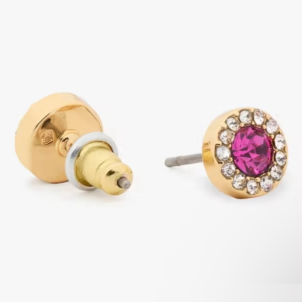 Late Spade “You're A Gem” Pink and Gold Stud Pave Halo Stud earrings w/dust bag - Picture 3 of 6